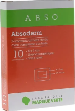 Absoderm Pansements adhésifs stériles avec compresse centrale 5x7cm Marque Verte - boîte de 10 sachets individuels