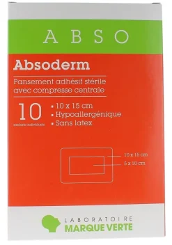 Absoderm Pansements adhésifs stériles avec compresse centrale 10x15cm Marque verte - boîte de 10 sachets individuels