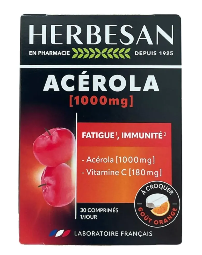 Acérola 1000 g + vitamine C 180mg goût orange Herbesan - boite de 30 comprimés à croquer