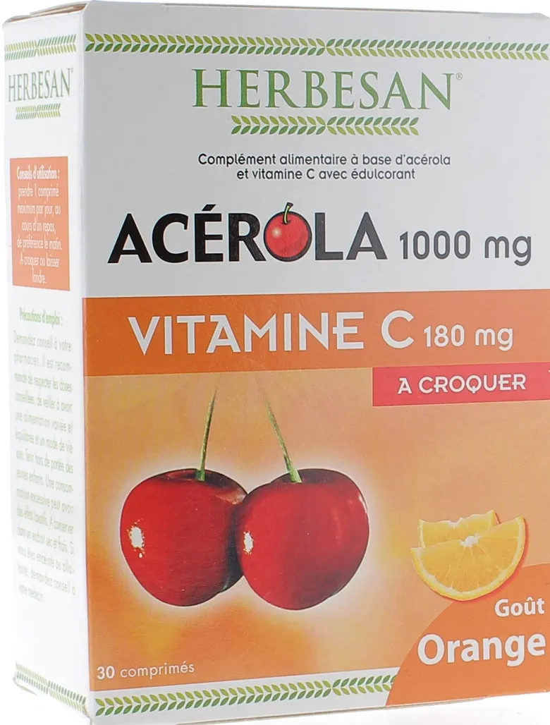 Acérola 1000 g + vitamine C 180mg goût orange Herbesan - boite de 30 comprimés à croquer