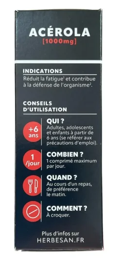 Acérola 1000 g + vitamine C 180mg goût orange Herbesan - boite de 30 comprimés à croquer
