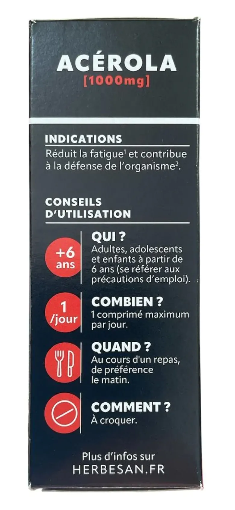 Acérola 1000 g + vitamine C 180mg goût orange Herbesan - boite de 30 comprimés à croquer