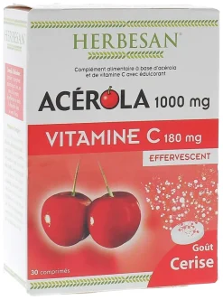 Acérola 1000 mg + vitamine C 180 mg Herbesan - boîte de 30 comprimés effervescents