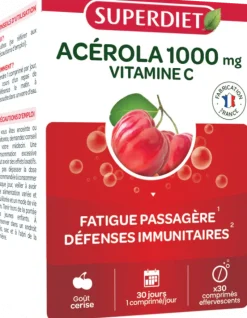 Acérola 1000mg + vitamine C Superdiet - boîte de 30 comprimés effervescents