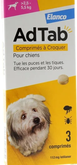 AdTab 112 mg chien 2,5-5,5 kg Elanco – 3 comprimés à croquer