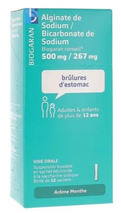 Alginate de Sodium/Bicarbonate de Sodium Biogaran 500 mg/267 mg - boîte de 12 sachets menthe sans sucre