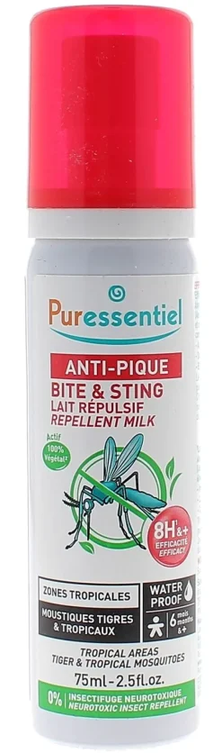 Anti-Pique Lait répulsif waterproof zones tropicales Puressentiel - spray de 75 ml