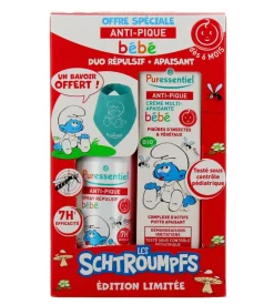 Anti-pique schtroumpfs bébé dès 6 mois Puressentiel - coffret répulsif + apaisant + un bavoir offert