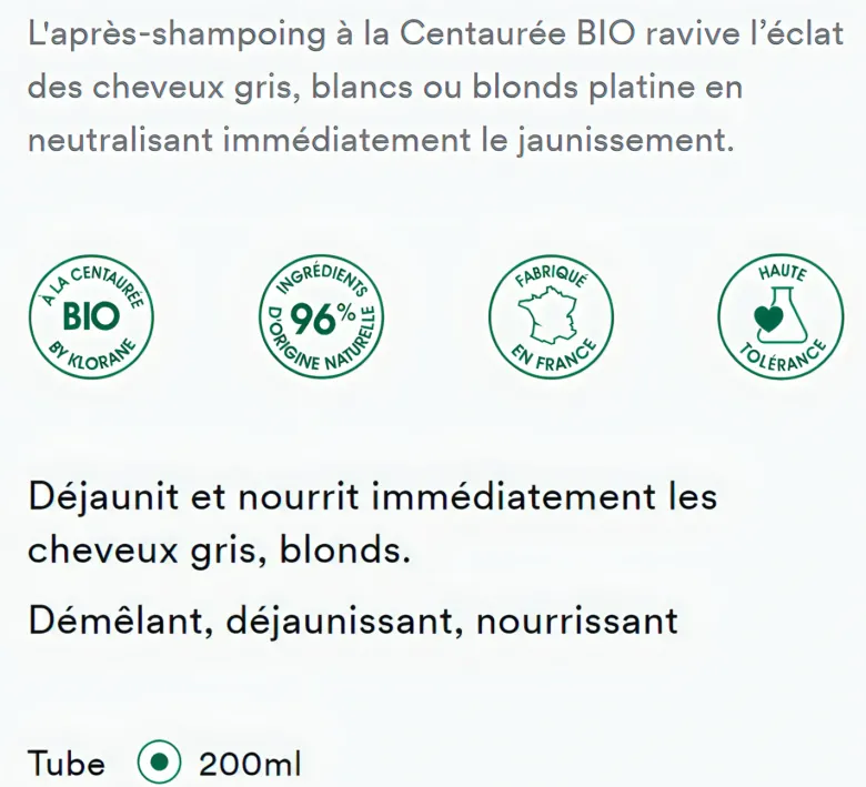 Après-shampooing déjaunissant Centaurée bio Klorane - tube de 200 ml