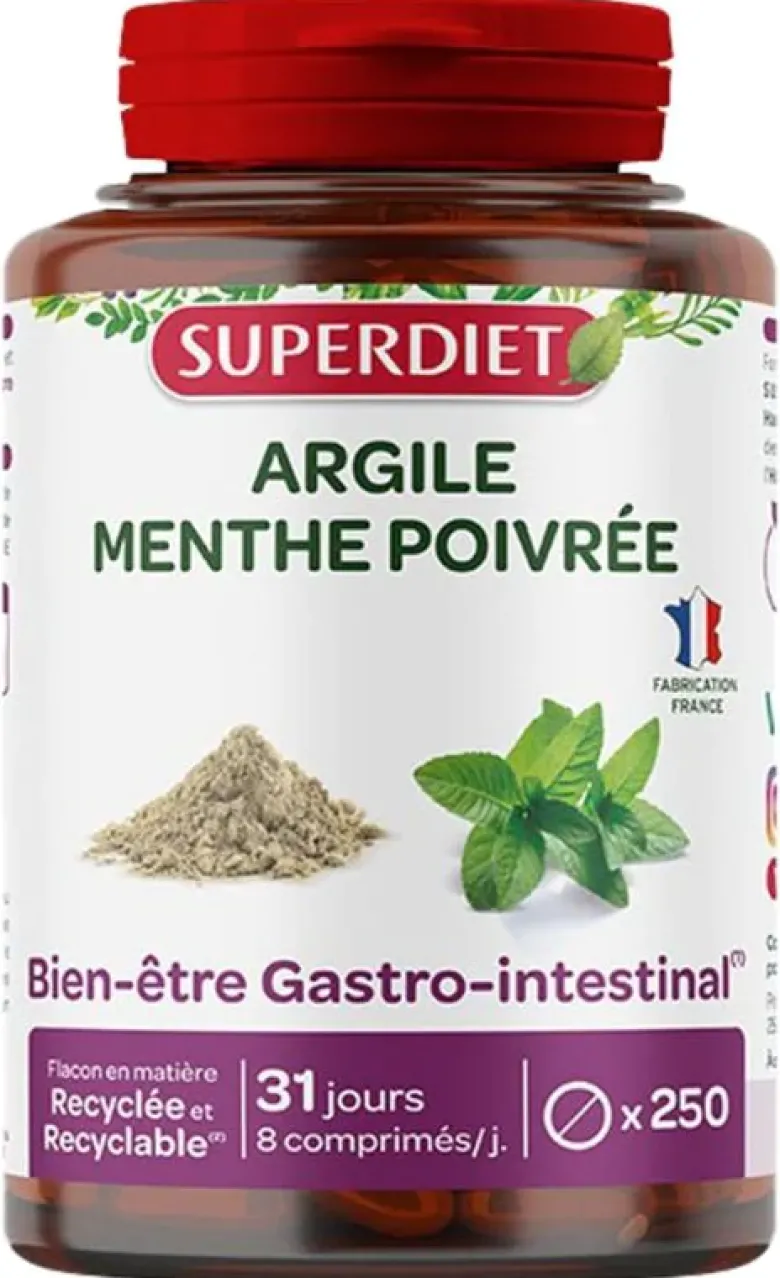 Argile menthe poivrée Super Diet - boîte de 250 comprimés