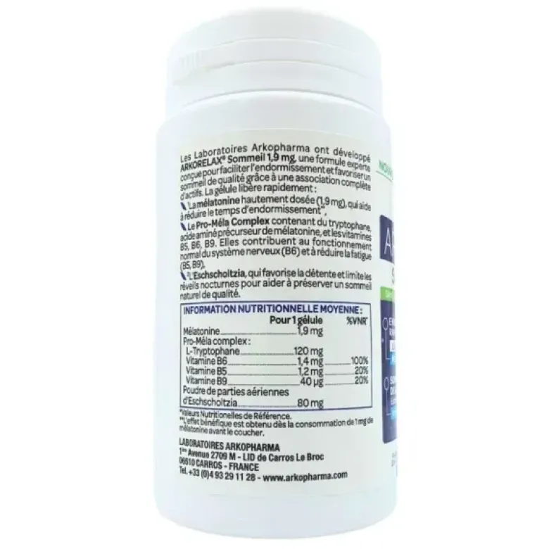 Arkorelax sommeil mélatonine 1,9mg Arkopharma - pot de 60 gélules