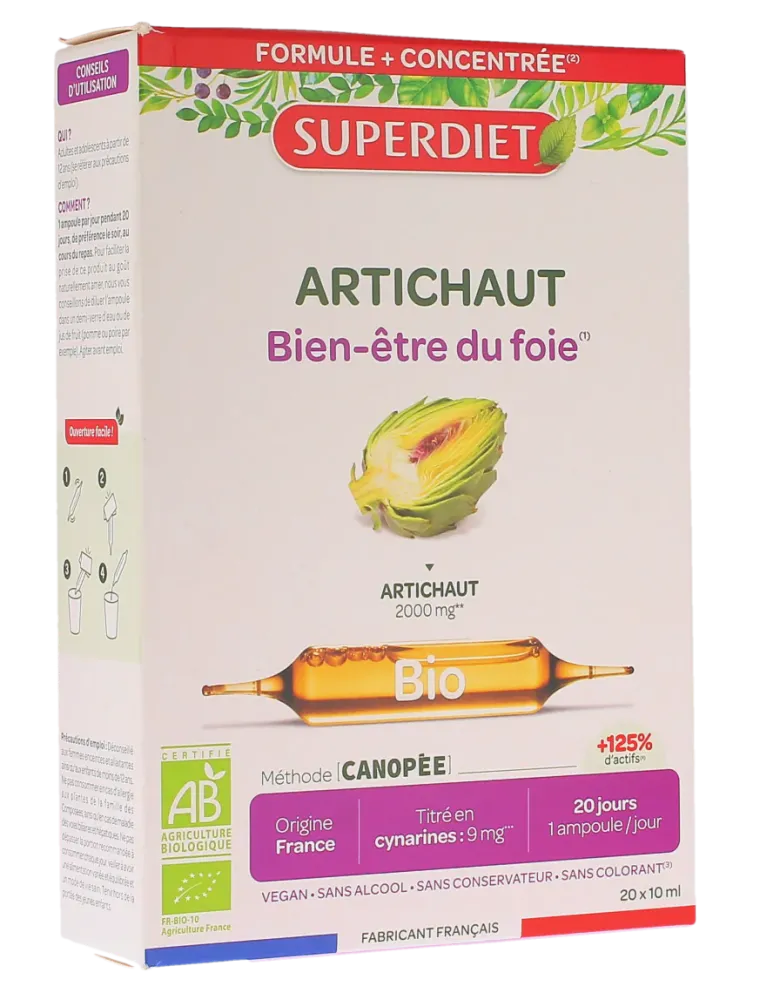 Artichaut Bio bien-être du foie Super Diet - boite de 20 ampoules de 10ml
