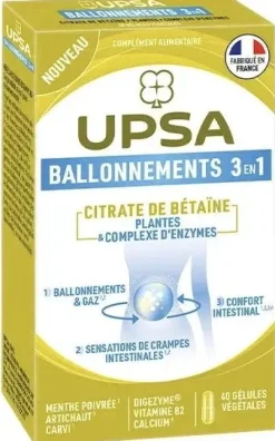Ballonements & gaz 3 en 1 Citrate de bétaïne Upsa - boite de 40 gélules