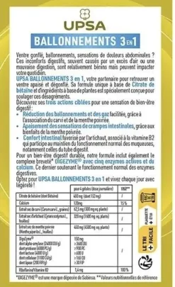 Ballonements & gaz 3 en 1 Citrate de bétaïne Upsa - boite de 40 gélules