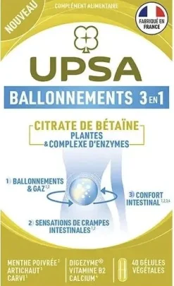 Ballonements & gaz 3 en 1 Citrate de bétaïne Upsa - boite de 40 gélules