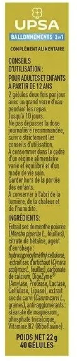 Ballonements & gaz 3 en 1 Citrate de bétaïne Upsa - boite de 40 gélules