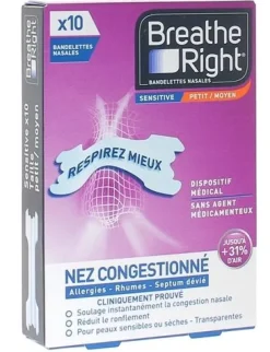 Bandelettes nasales sensitive Breathe Right - boite de bandelettes transparentes