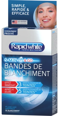 Bandes de blanchiment express Rapid white - 8 sachets de 2 bandes + 1 accélerateur + 1 dentifrice