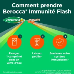 Berocca Immunité Flash Vitamine D, C, Zinc et Fer 30 comprimés effervescents