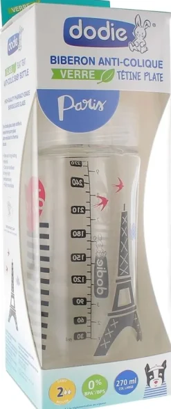 Biberon Anti-colique en verre Paris Débit 2 - 0-6 mois Dodie - biberon de 270 ml