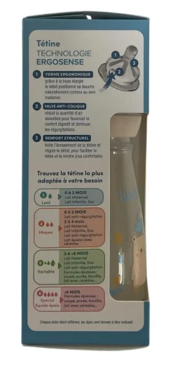 Biberon anti-colique Ergosense Savane 2 mois+ débit 2 Luc et Léa - un biberon de 270 ml