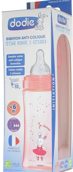 Biberon anti-colique tétine ronde 3 vitesses rose +6 mois Dodie - 1 biberon de 330 ml