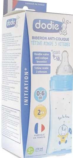 Biberon bleu anti-colique tétine ronde 3 vitesses 0-6 mois Dodie - 1 biberon de 270 ml