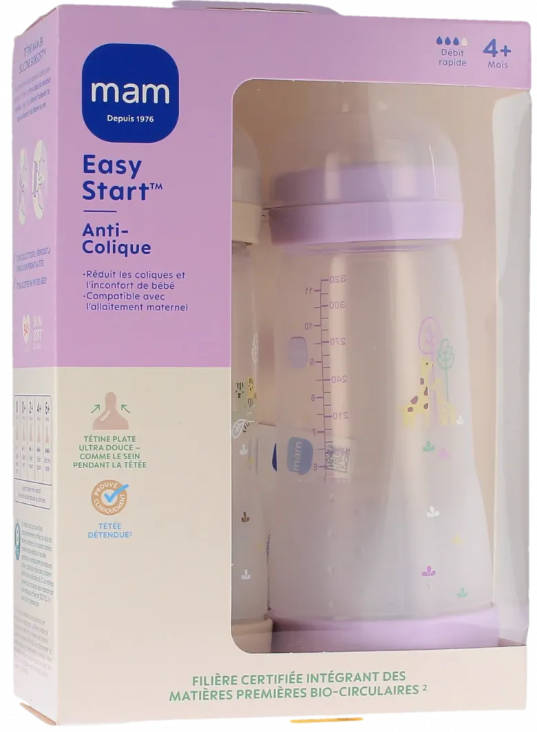 Biberon Easy start anti-colique 4+ mois Débit rapide sable et lilas Mam - 2 biberons de 320ml
