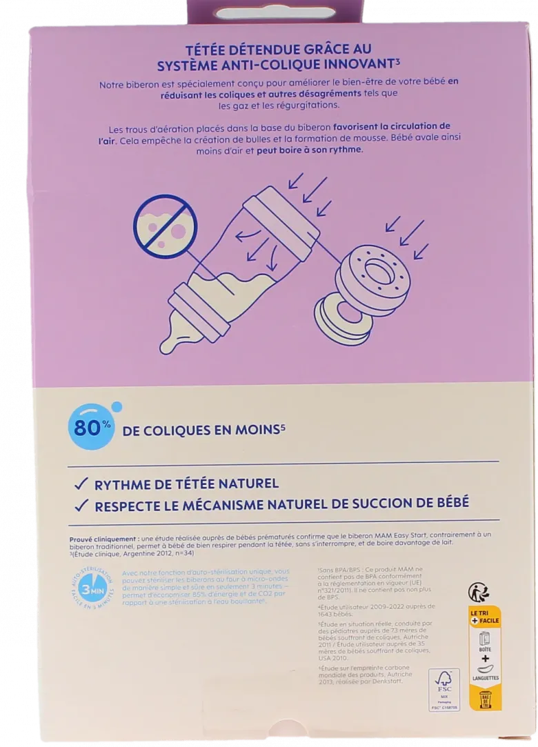 Biberon Easy start anti-colique 4+ mois Débit rapide sable et lilas Mam - 2 biberons de 320ml