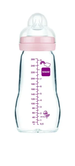 Biberon Verre 0 à 6 mois Tétine Débit 2 - couleur rose - MAM - biberon de 260 ml