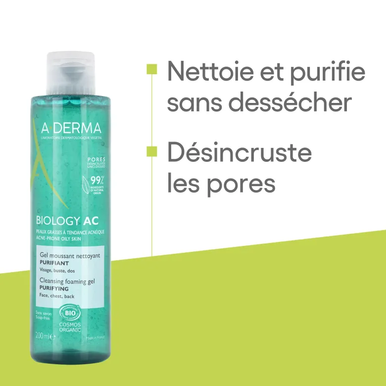 Biology AC Gel moussant nettoyant purifiant bio A-derma