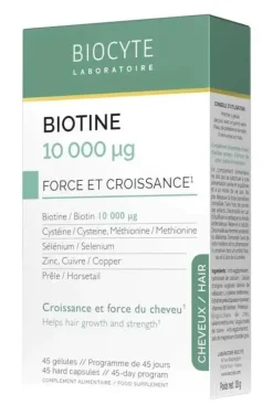 Biotine 10 000 µg force et croissance du cheveu Biocyte - boite de 45 gélules