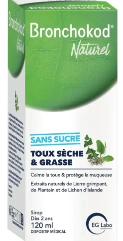 Bronchokod Naturel Sirop toux sèche et grasse sans sucre EG Labo - flacon de 120ml