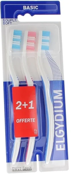 Brosses à dents souple basic elgydium Pierre Fabre - lot de 3 brosses à dents 2+1 offerte