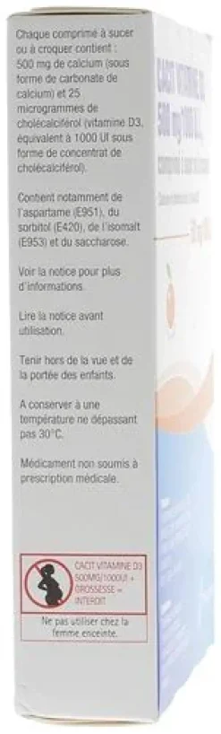 Cacit Vitamine D3 500 mg/1000 UI - boîte de 30 comprimés à croquer ou sucer