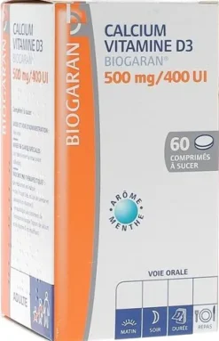 Calcium vitamine D3 Biogaran 500mg/400 UI - Boîte de 60 comprimés à sucer