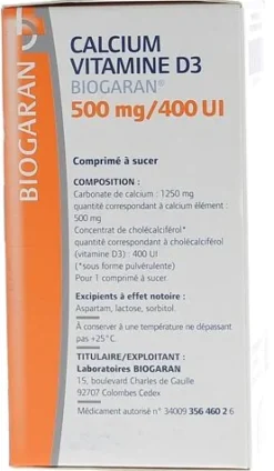 Calcium vitamine D3 Biogaran 500mg/400 UI - Boîte de 60 comprimés à sucer
