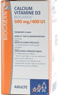 Calcium vitamine D3 Biogaran 500mg/400 UI - Boîte de 60 comprimés à sucer