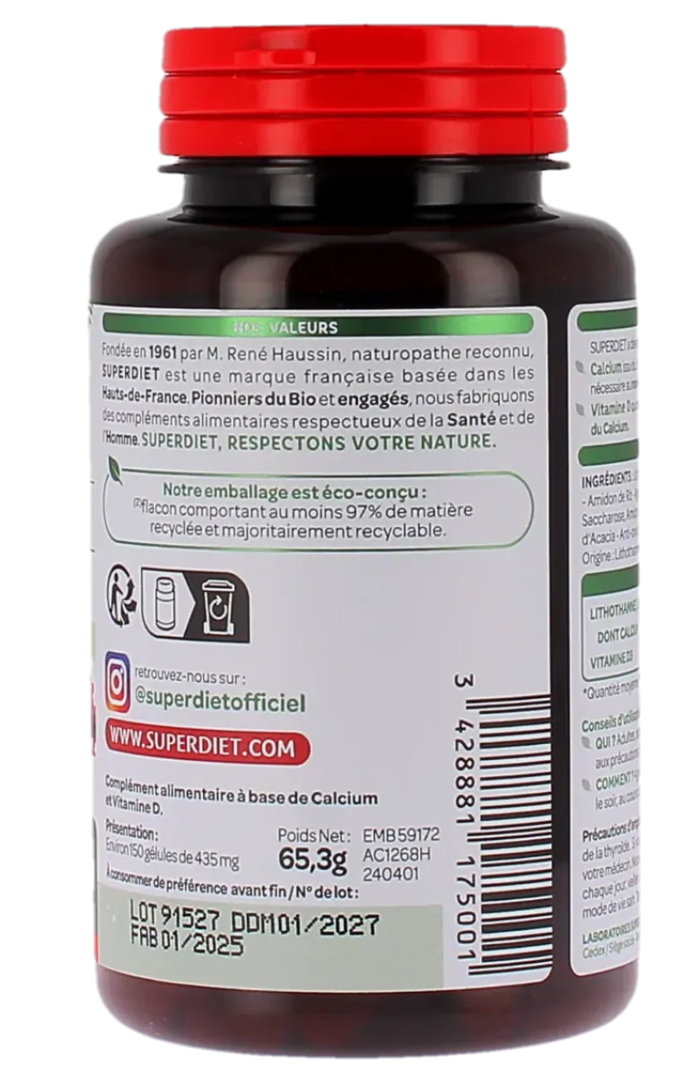 Calcium + vitamine D Super Diet - 150 gélules