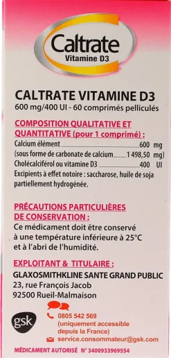 Caltrate Vitamine D3 600mg/400 U.I comprimé pelliculé