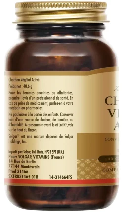Charbon Végétal Activé Solgar - boîte de 100 gélules