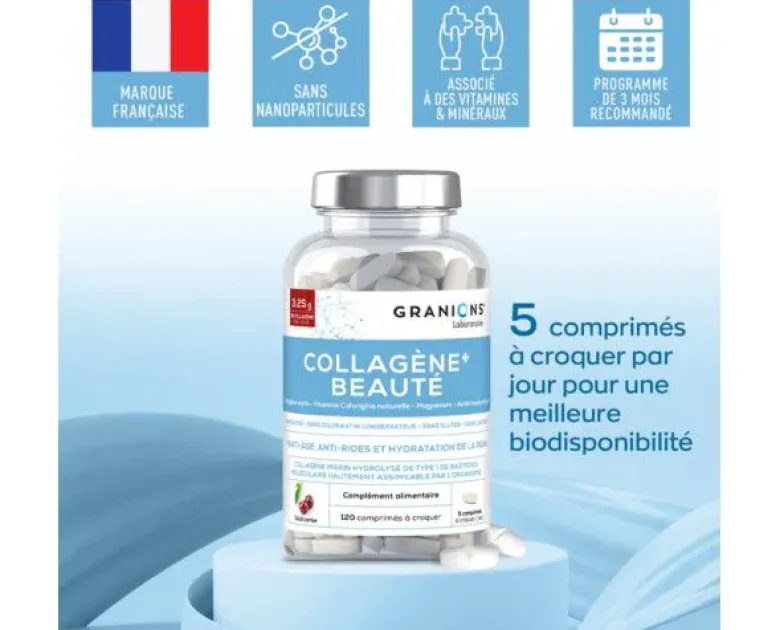 Collagène+ beauté goût cerise Granions - pot de 120 comprimés