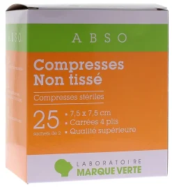 Compresses non tissé 7,5x7,5cm Marque Verte - boîte de 25 sachets de 2 compresses