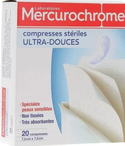 Compresses stériles ultra-douces Mercurochrome - Boite de 20 compresses