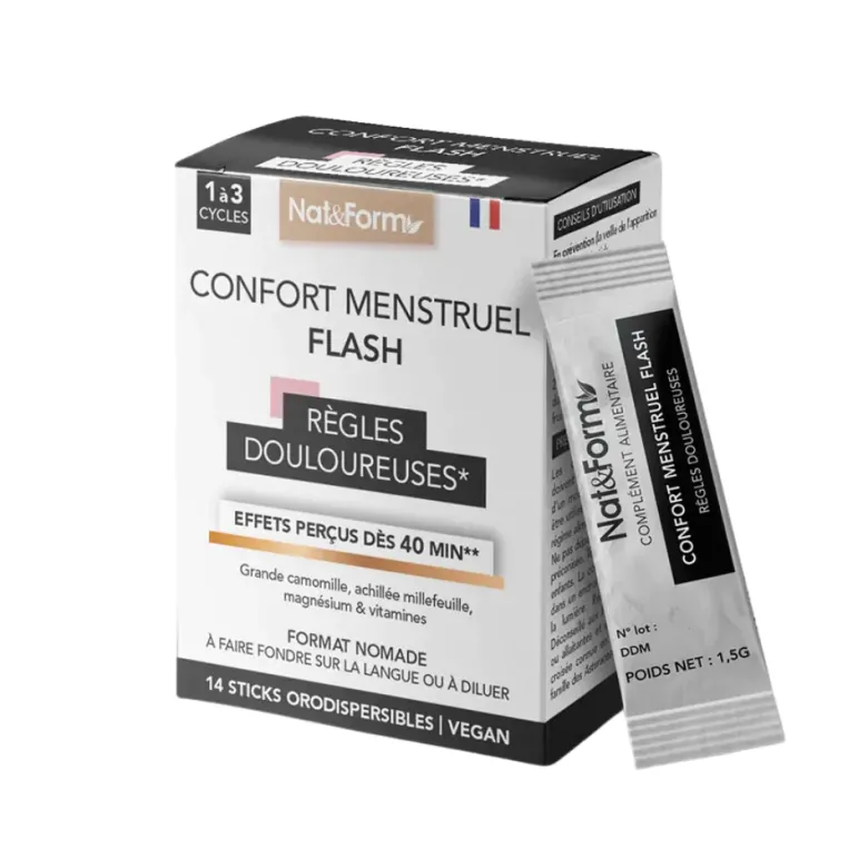 Confort menstruel flash règles douloureuses Nat&Form - boîte de 14 sticks orodispersibles