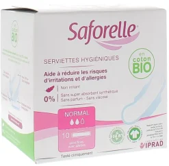 Coton protect serviettes hygiéniques extra fines avec ailettes Saforelle - boite de 10 serviette hygiéniques