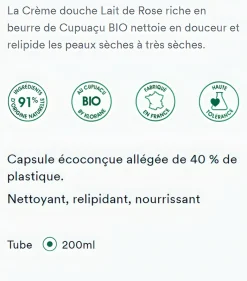 Crème douche nutritive au cupuaçu bio Lait de Rose Klorane - tube de 200 ml