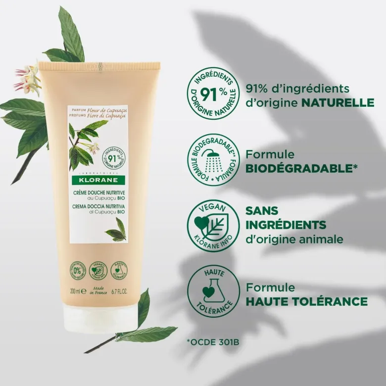 Crème douche nutritive au cupuaçu bio Fleur de Cupuaçu Klorane - tube de 200 ml
