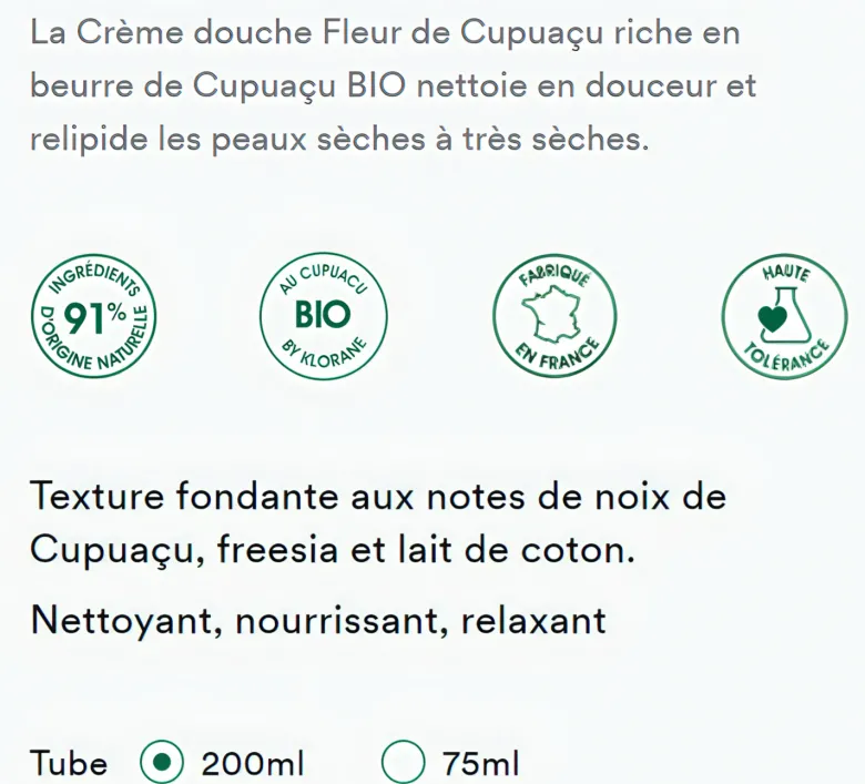 Crème douche nutritive au cupuaçu bio Fleur de Cupuaçu Klorane - tube de 200 ml