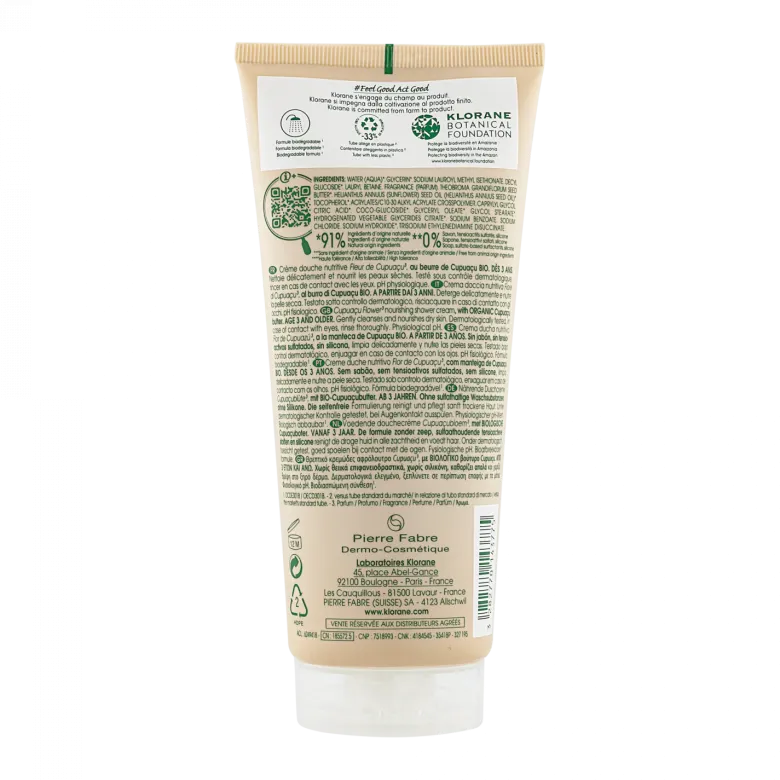 Crème douche nutritive au cupuaçu bio Fleur de Cupuaçu Klorane - tube de 200 ml